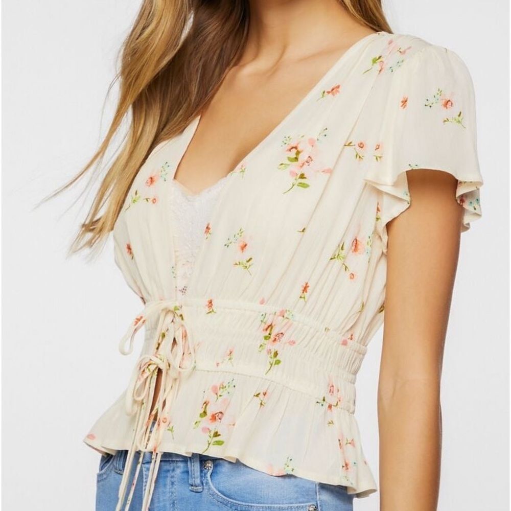 Forever 21 Small Cream Multi colored Plunging Floral Print Top Tie Waist Belt